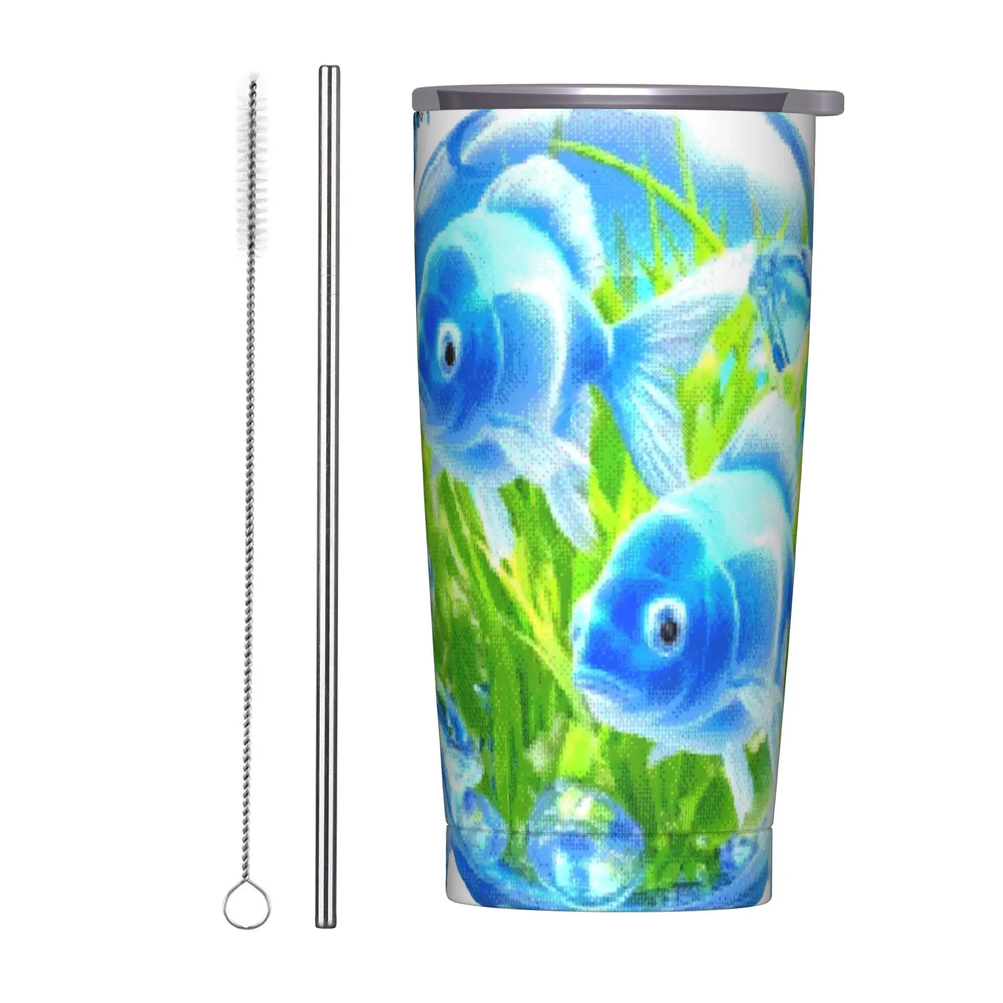 Pixelated Fish Frutiger Aero Insulated Tumbler with Straws Lid Stainless Steel Thermal Mug Office Home Hot Cold Drinks Cups 20oz