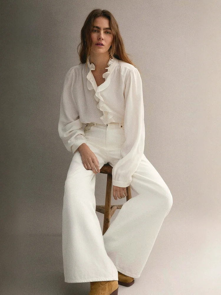 

Модная летняя женская рубашка H&M с воротником-стойкой, из вискозы, с длинным рукавом, в деловом стиле, свободного кроя, с пуговицами