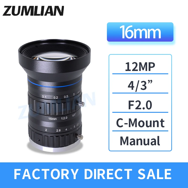 

ZUMLIAN 16mm Fixed Focal Length Objective 4/3 Inch F2.0 Manual Iris C-Mount Camera Lens FA Machine Vision Large Sensor Size CCTV