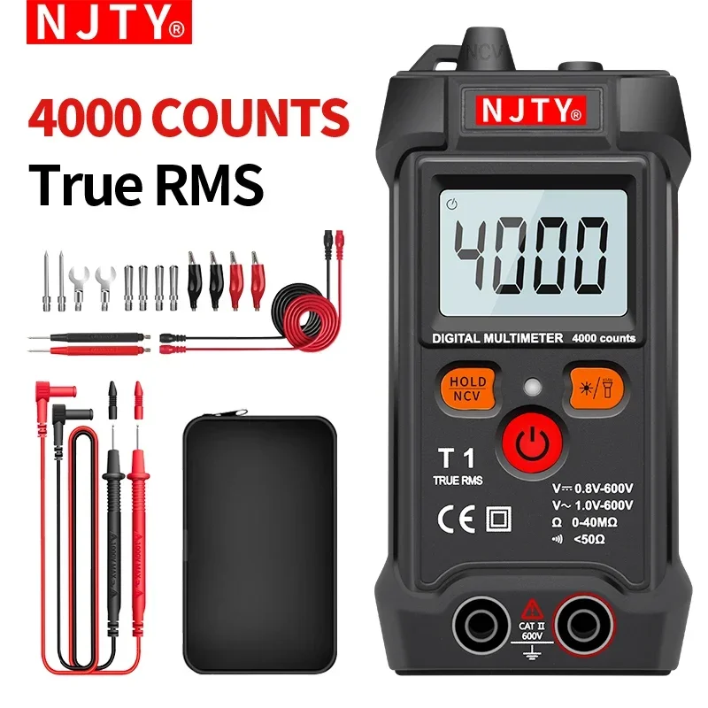 

NJTY 4000 Counts Mini Digital Multimeter Smart AC/DC Voltage Ohm Tester with NCV Function Portable Electrician Measuring Tool
