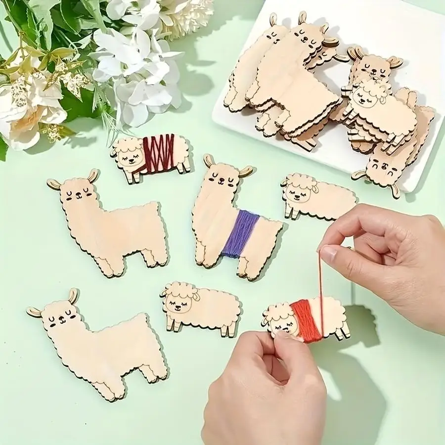 1/5/10/20/50/100pcs Set of 10, Wooden Embroidery Spools Featuring Sheep and Alpacas - Creative Animal-Shaped Thread Winder Suita
