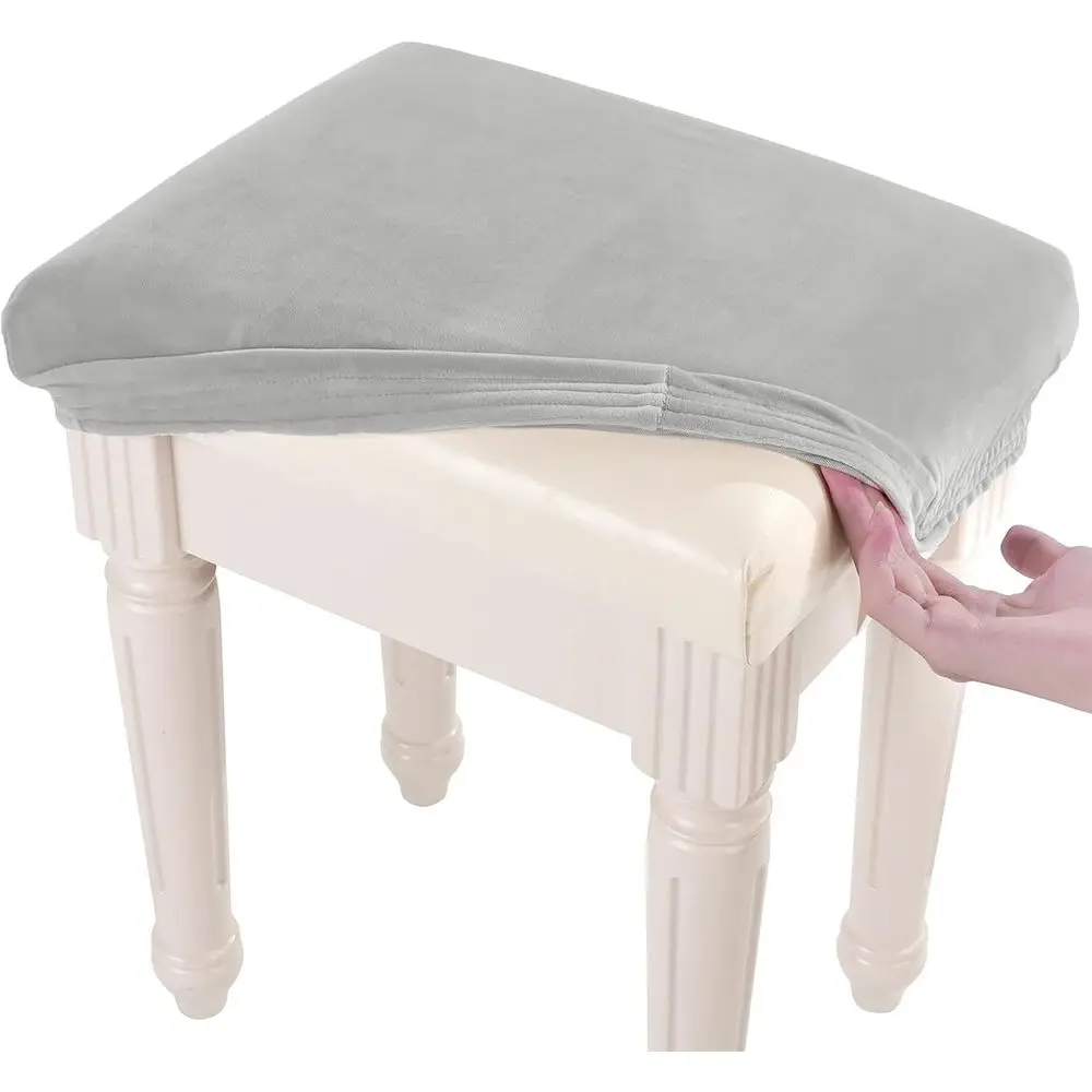 Stretch Velvet Vanity Bench Cover, 15-19.5 L x 11.8-15.7 W, Washable RecBar Stool Slipcover, Light Grey, XS