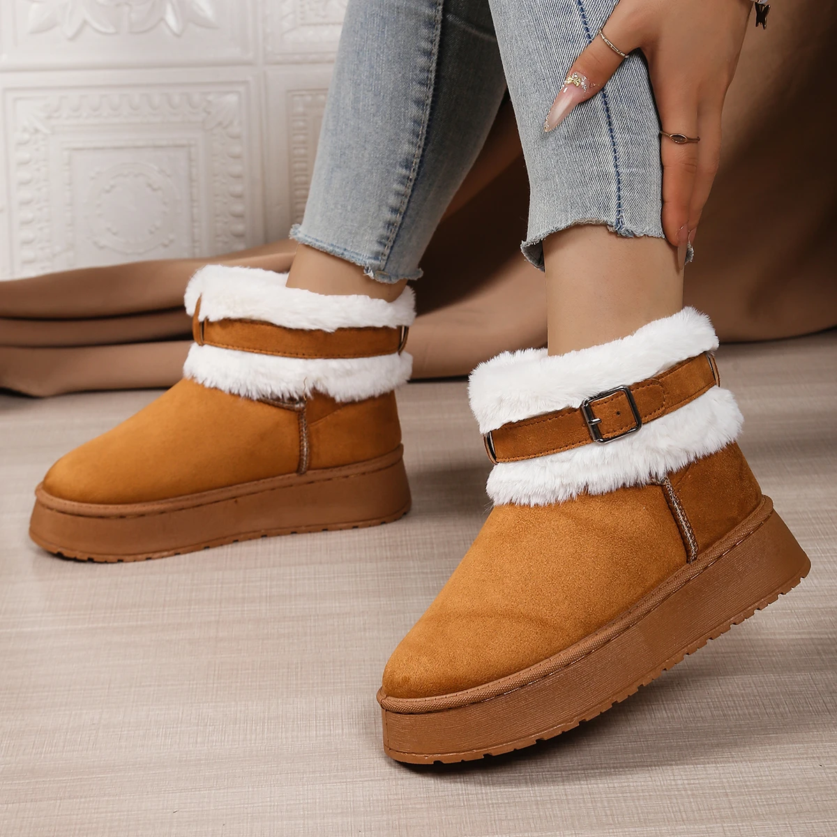 

2025 New Women Single Boots Casual Warm Non-slip Snow Boots Women Winter Outdoor Women Shoes Thick Soled Plush Mid-calf Boots