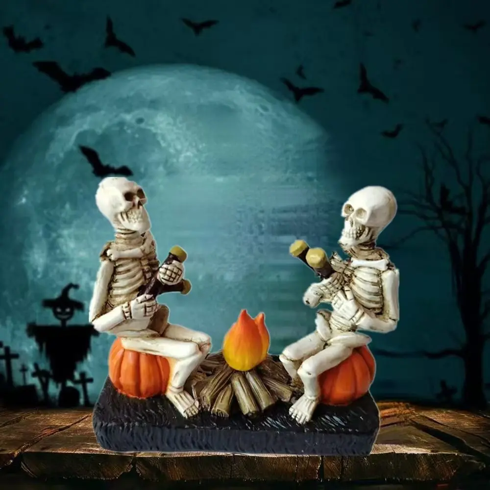 

Creative Pumpkin Bonfire Skeleton Statue Durable Resin Pumpkin Skull Figurine Spooky Craft Halloween Skeleton Decoration