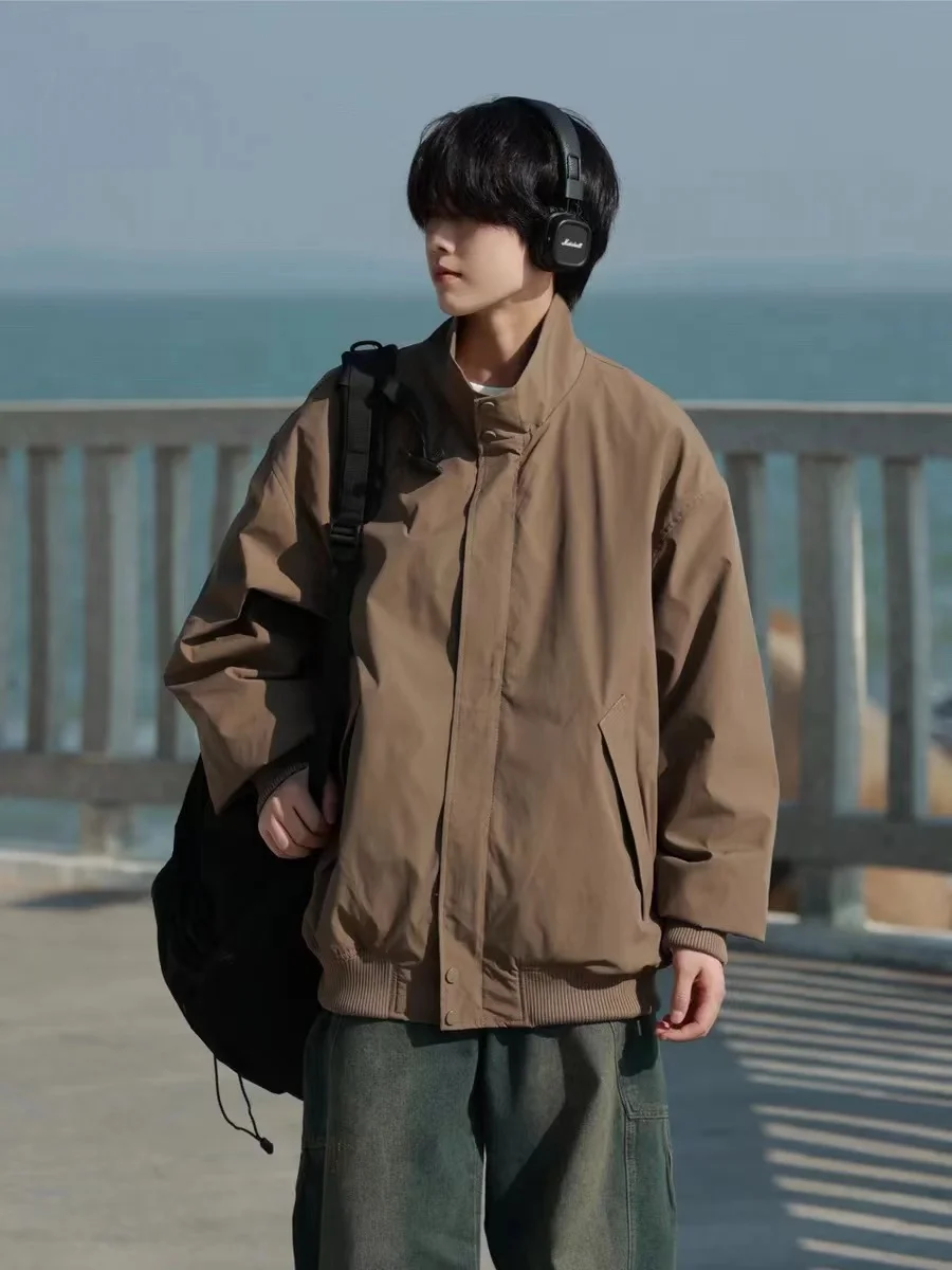 

Ретро-куртка в японском стиле, однотонная, простая рабочая одежда, с воротником-стойкой, для мужчин и женщин, весна-осень, модная, свободная, повседневная, для пар, верхняя одежда