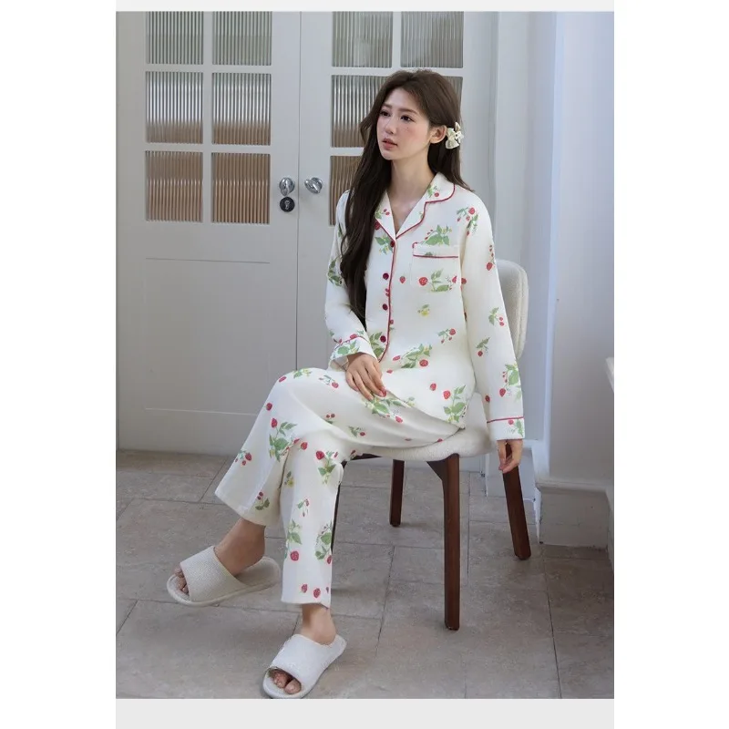 

Pure Cotton Women's Sleepwear Double-layer Yarn Countryside Style Spring and Autumn Summer Thin Loose Cotton Home Suit Set
