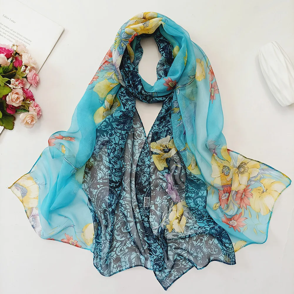 Half Color Flower Women Foulard Elegant Chiffon Georgette Bandana Scarf Summer Beach Sunscreen Thin Hijab