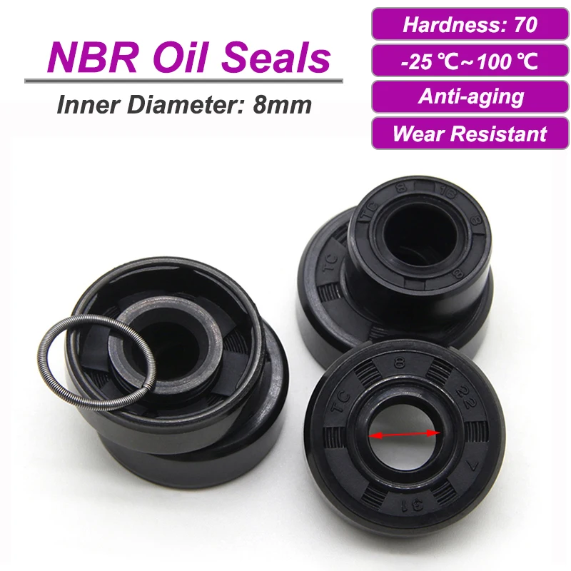 2/5/10pcs Black NBR Oil Seals ID 8mm TC-8*14/15/16/18/22*4/4.5/5/7/8mm Nitrile Rubber Shaft Double Lip Oil Seals Gaskets