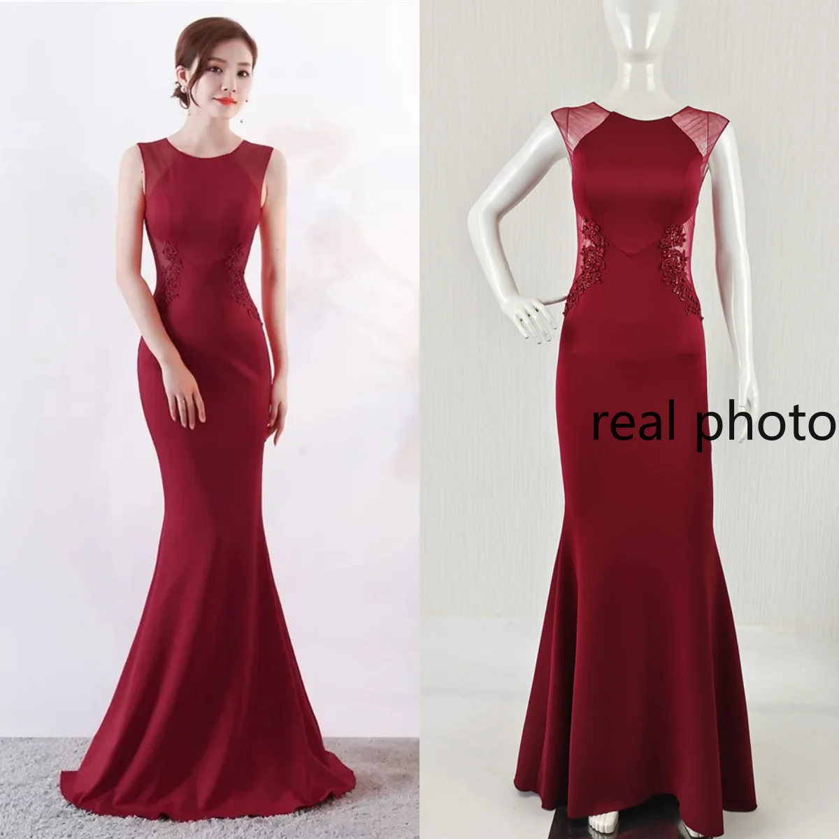 

Real Photo Evening Dress Appliques O-Neck Mermaid Robe De Soiree Sleeveless Floor Length Zipper Women Party Formal Gown C188