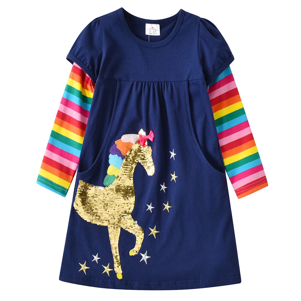 DXTON Girls Long Sleeve Dress Kids Unicorn Sequined Dresses Girls Cotton Casual Dress Kids Rainbow Striped Dresses with Pockets