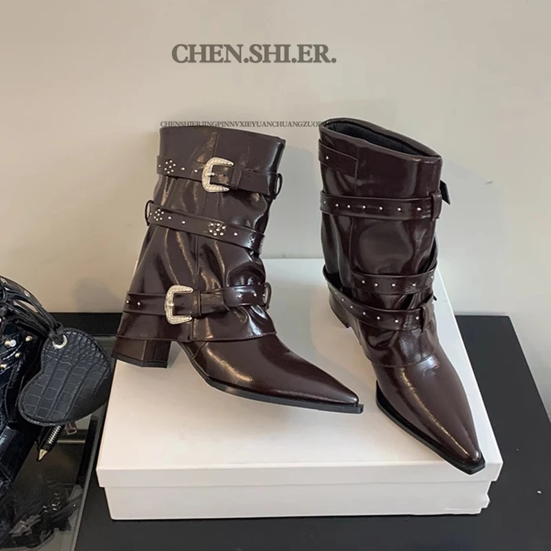 

Chic sexy Women's Dress Shoes 2024 Design Pointed toe Rhinestone belt buckle Mid-Calf boots Fashion bottes femme