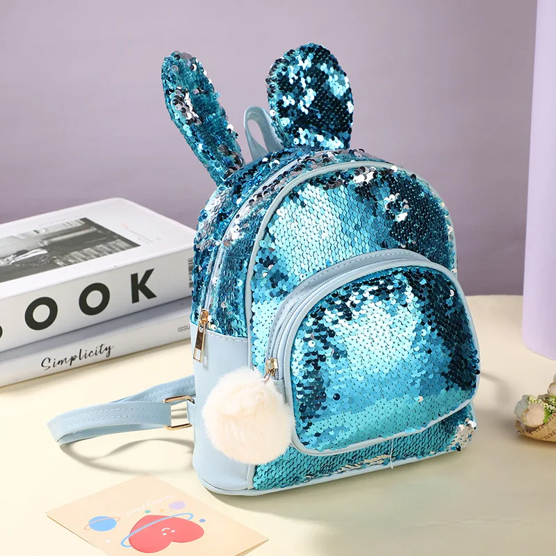 Fashion Sequins Backpack Cute Rabbit Ears School Bags for Girls Zipper Large Capacity Shoulder Bag Princess Kindergarten Mochila