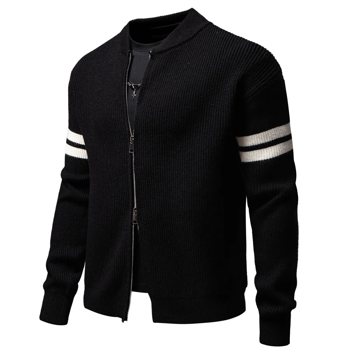 New Men's Autumn and Winter Fashion Comfortable Round Neck Long Sleeve Slim Horizontal Striped Jacket Zipper Coat