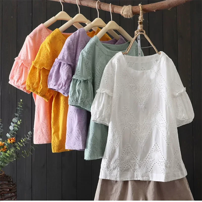 Summer Sweet Mori Girl Hollow Out Flower Embroidery Ruffles Collar Cotton Shirt Women Short Sleeve Casual Blouse Tee Tops