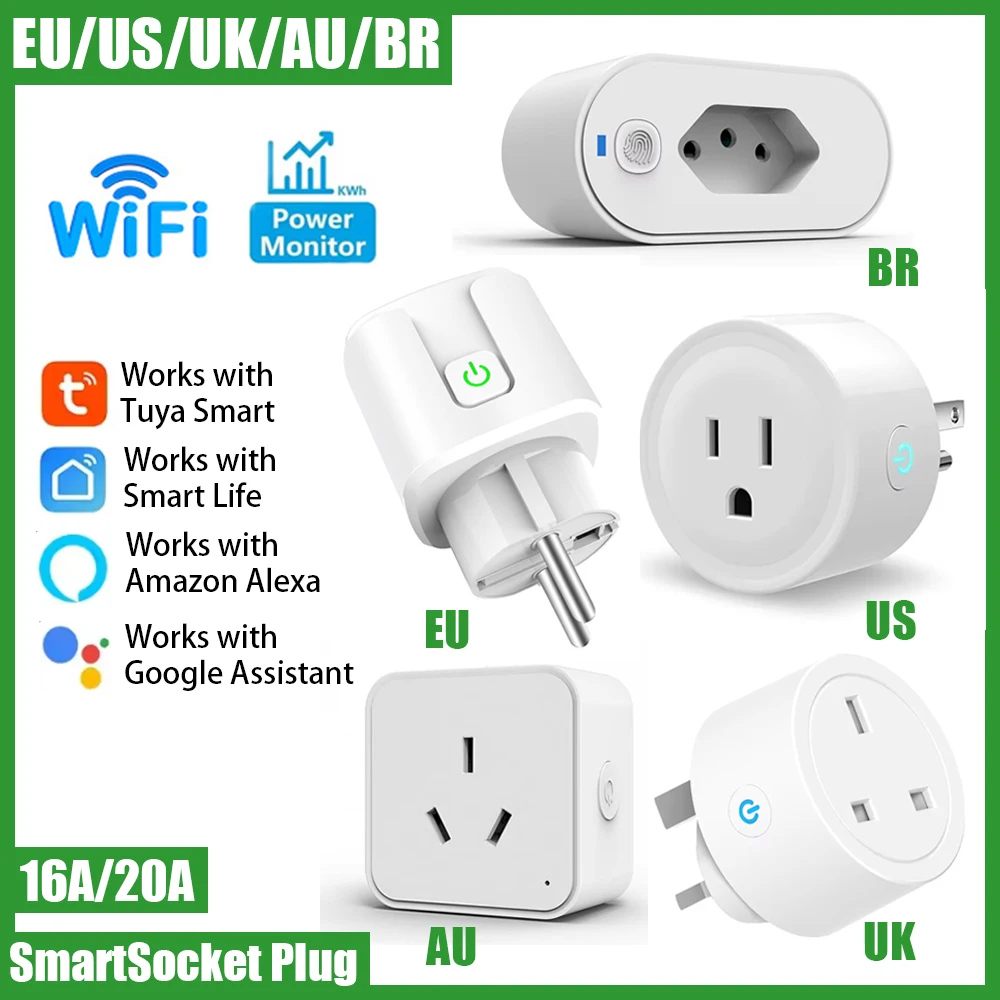 Tuya 16A 20A European smart socket WiFi smartplug with power monitoring, timing function, and voicecontrol
