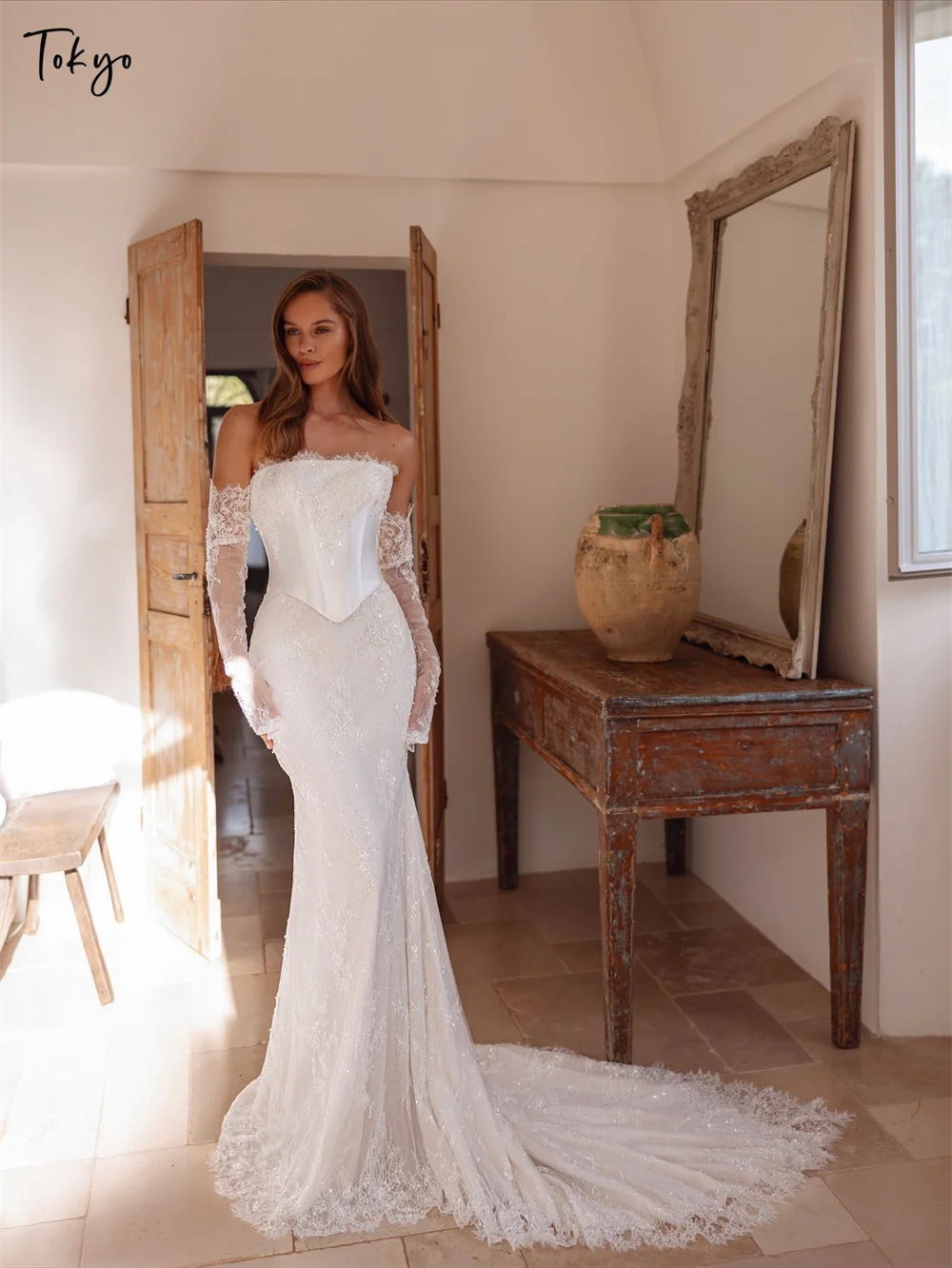 Vestidos de novia con escote sin tirantes blancos personalizados de Tokio, mangas desmontables, vestidos de novia de encaje, vestidos de novia elegantes de sirena