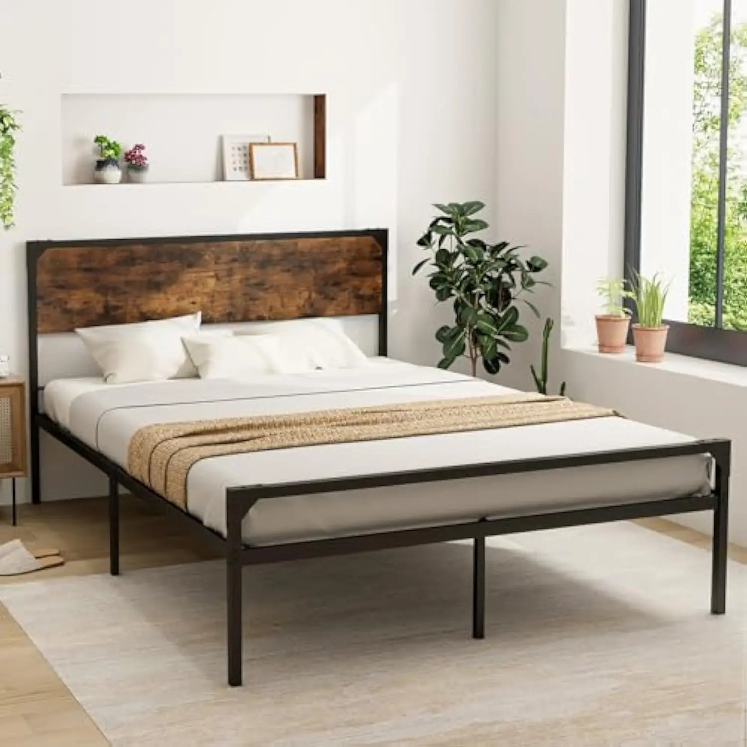 

Bed Frame Queen Size with Rustic Headboard & Footboard, Strong Metal Slat Support Mattress Foundation, Industrial Metal Platfo