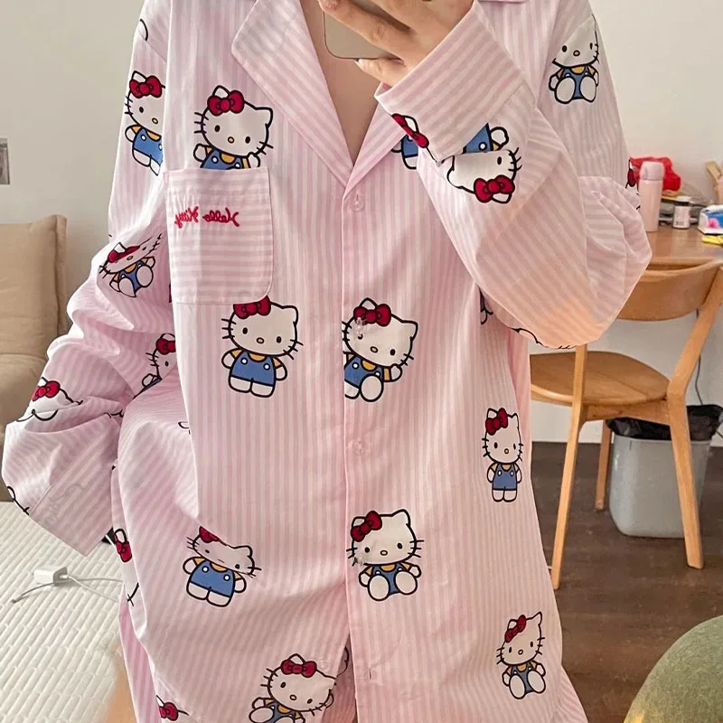 

Милые женские пижамы Hello Kitty's Kawaii, женская повседневная домашняя одежда с героями мультфильмов, комплект брюк с длинными рукавами, милая одежда для сна для девочек, подарок