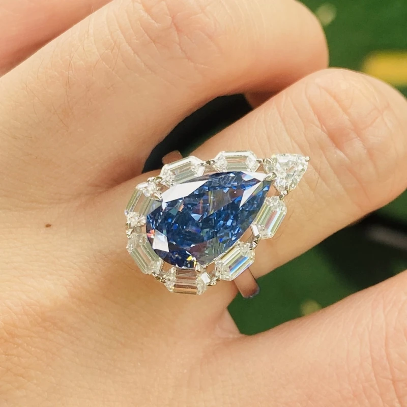 Bellux TK Hot Selling Ice Cut Fancy Color Blue High Carbon Diamond S925 Silver Ring Necklace Earrings Three Piece Jewelry Set