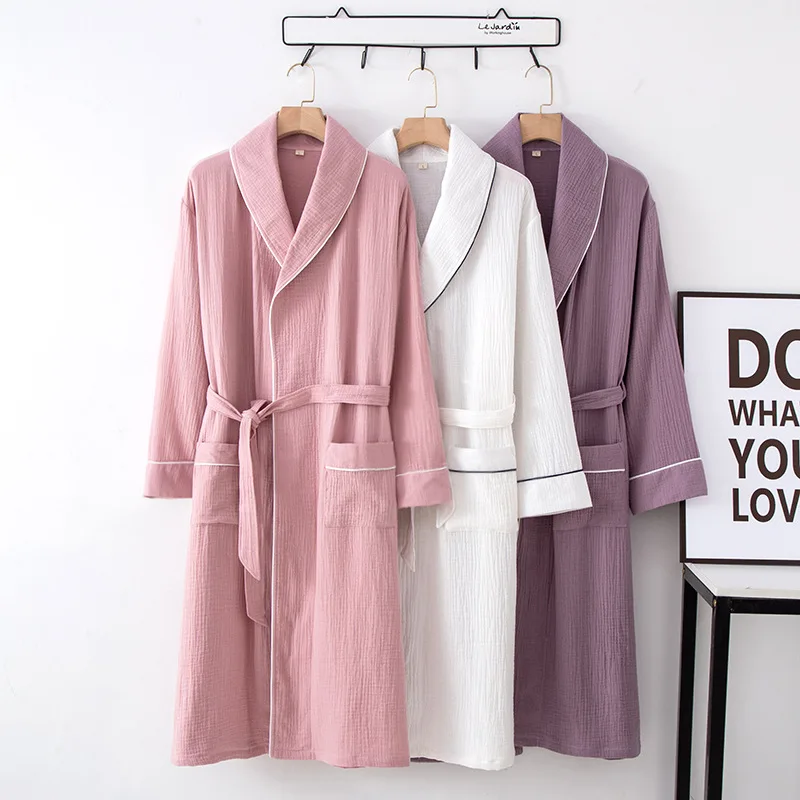 Cotton Hotel Couple Nightgown Long Sleeve Cardigan Over Knee Plus Size Home Nightdress Men's and Women's Bathrobe with Belt