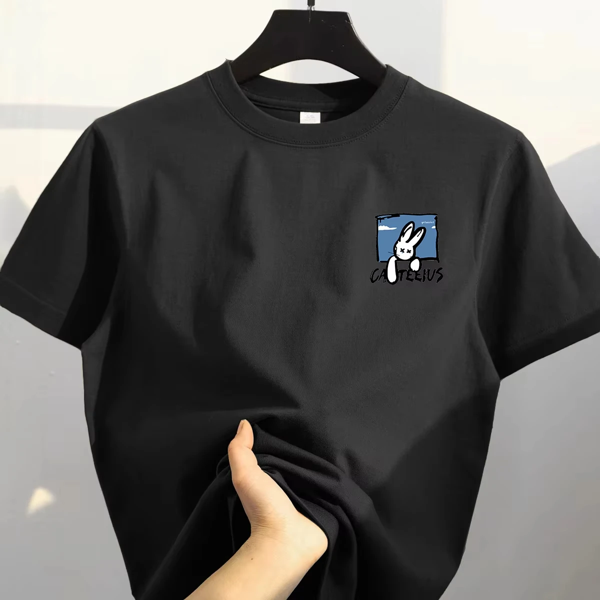 

Rabbit Printed White T-Shirt High Quality Cotton Casual Short Sleeve Top Loose Comfortable Tee for Women Men Daily Campus Wear