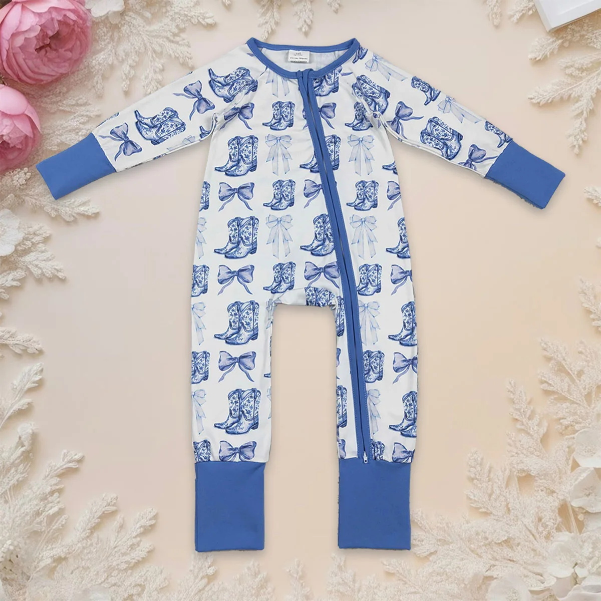 

Newborn Bodysuit Baby Girl Boutique Clothing Blue Bows Boots Western Two Way Zipper Sleeper Rompers Babies Infant Clothes