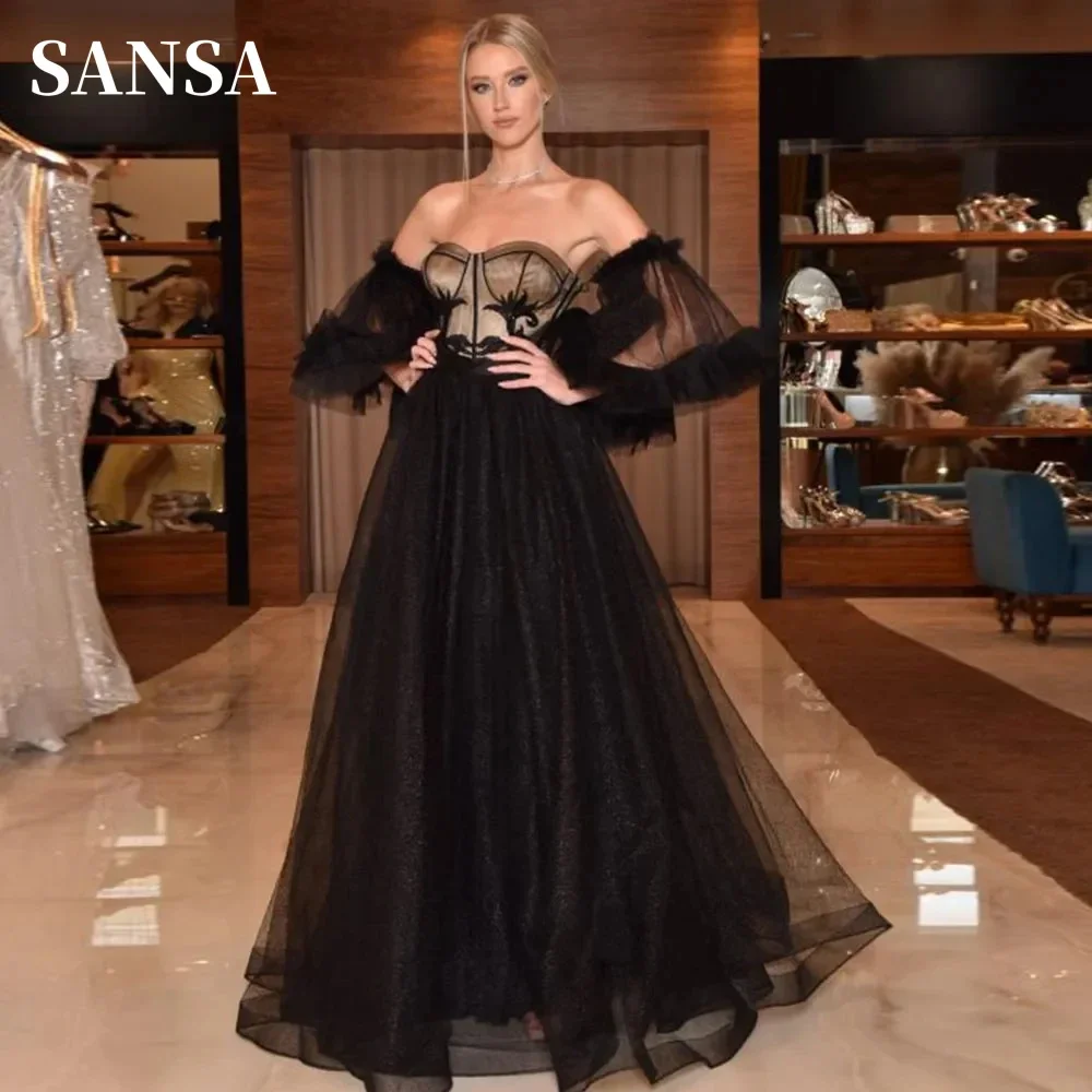 

Sansa Sexy Black Puffy Sleeve A-line فساتين سهره فاخره 2023 Gothic فساتين للحفلات الراقصة Elegant Sweetheart Corset Prom Dress