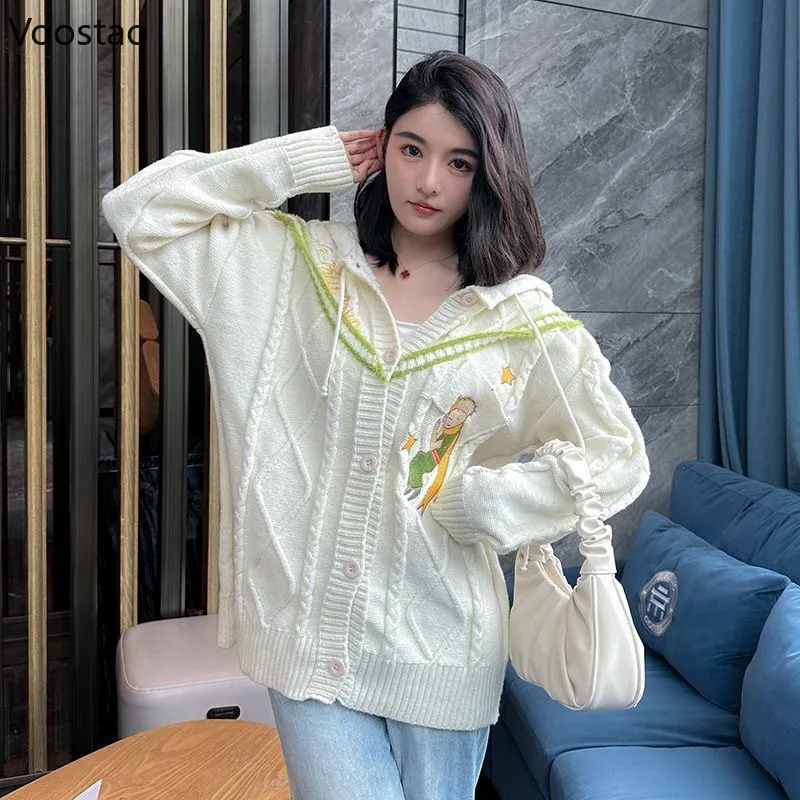 

Autumn Winter Sweet Lolita Cartoon Embroidery Knitted Cardigan Women Elegant Loose Hooded Sweater Coat Korean Female Casual Tops