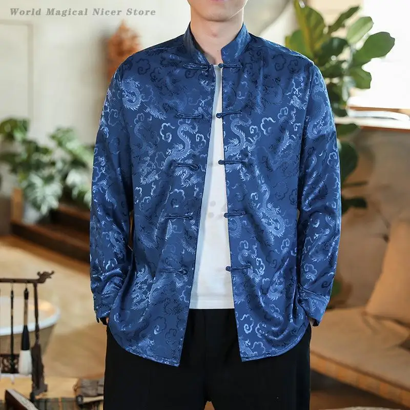 Men Chinese Dragon Shirt Coat Black Satin Mandarin Collar Tang Costume Top Large Size 5XL New Year Clothes Male Jackets Hanfu - Image 3