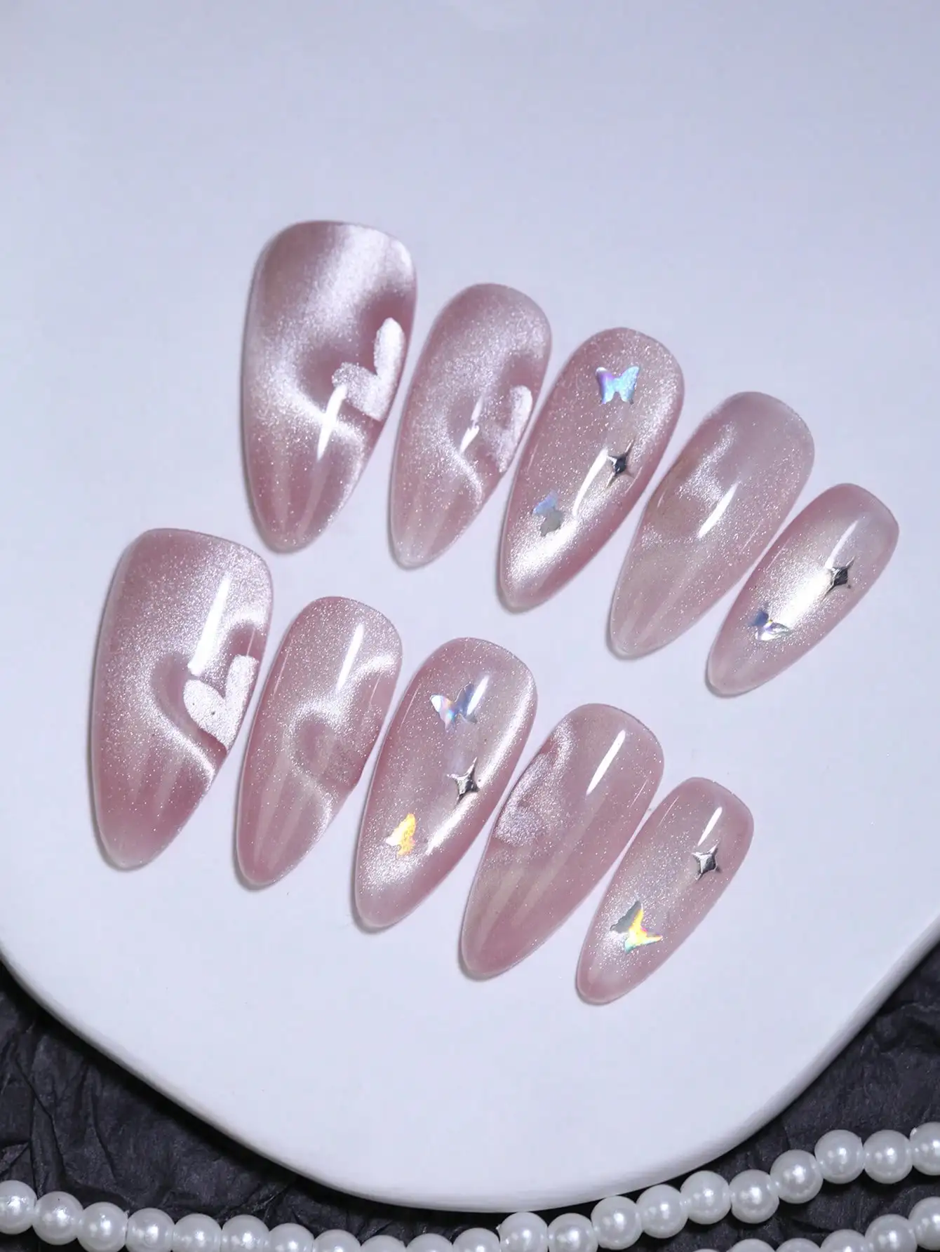 

10Pcs Almond Nude Silk Cat Eye Press On Nails Glossy Heart Butterfly French Fake Nails Reusable for Autumn Winter Daily DIY