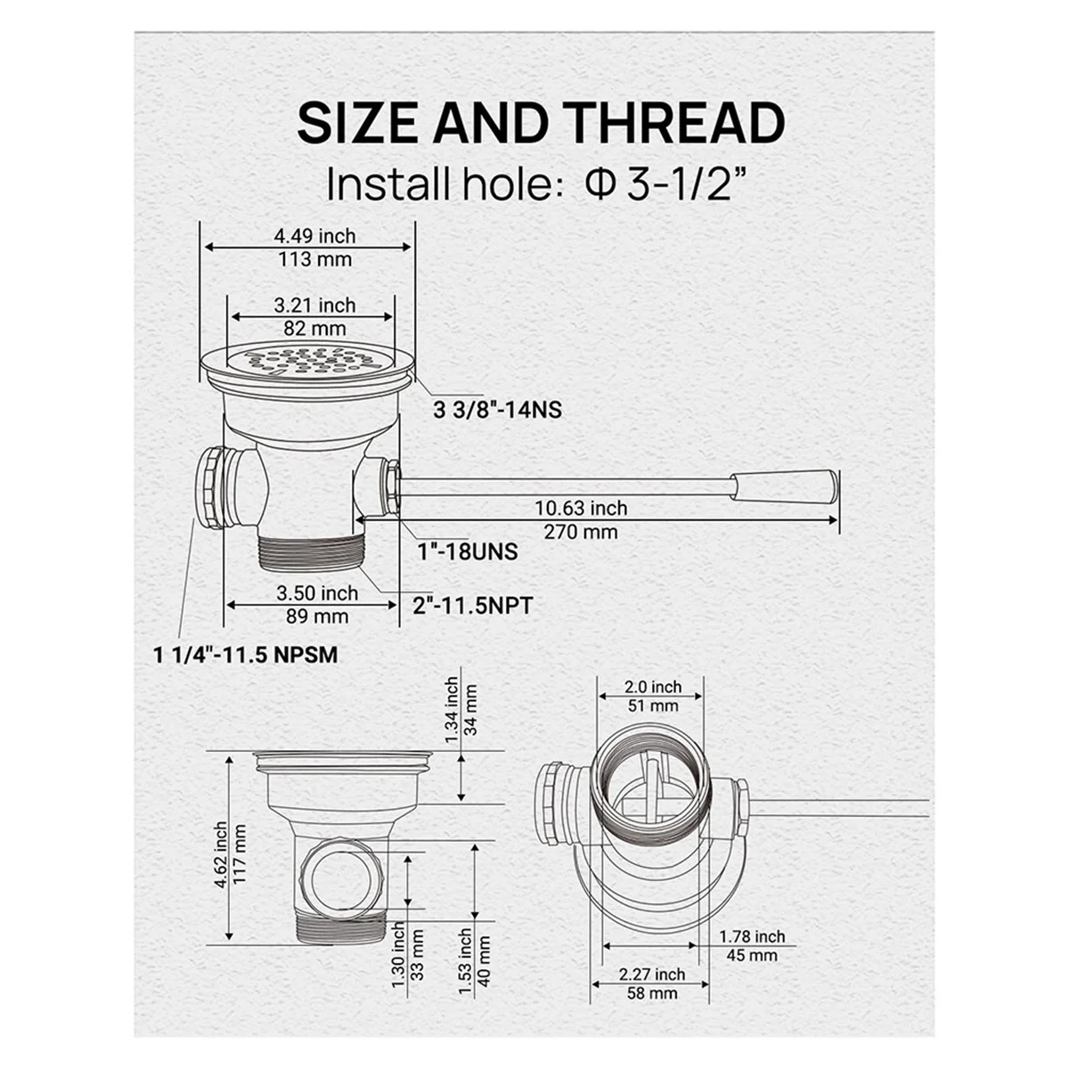 HITL 3-1/2 بوصة استنزاف بالوعة التجارية مع مقبض رافعة تويست، صمام تصريف النفايات مع مدخل الفائض لحوض مقصورة 2/3