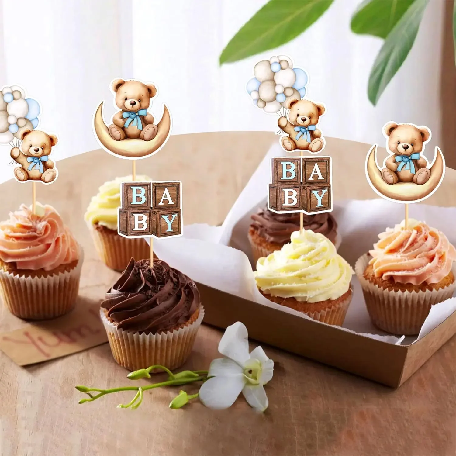 24 stks Baby Beer Cupcake Toppers Maan Beer Cupcake Picks voor Baby Douche Geslacht Onthullen Jongens Meisjes Verjaardagsfeestje Taart Decoraties