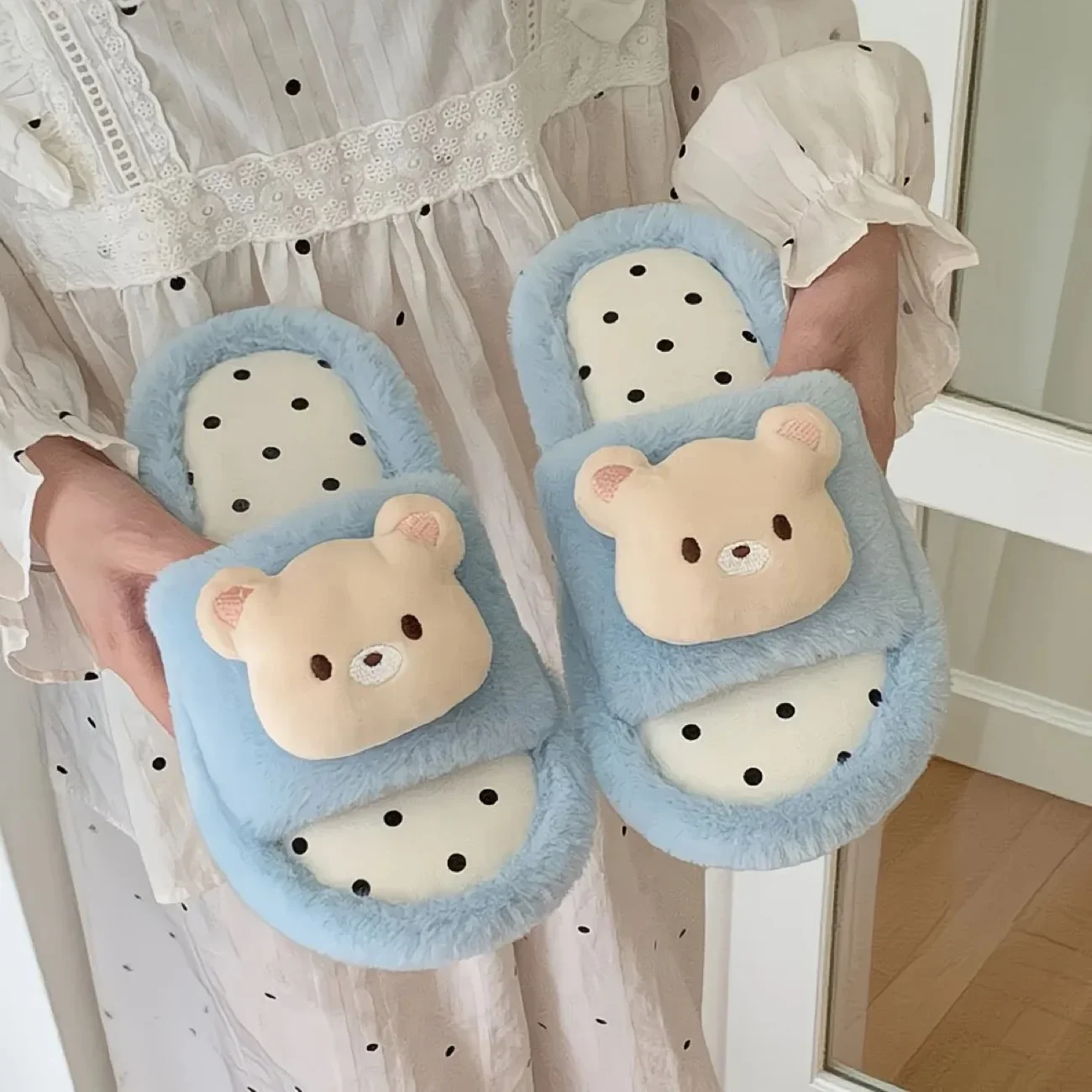 Women Cute Cartoon Penguin Fuzzy Plush Slippers Fluffy Open Toe Slides Polka Dot Non Slip Soft Sole Warm Winter Indoor Home Shoe