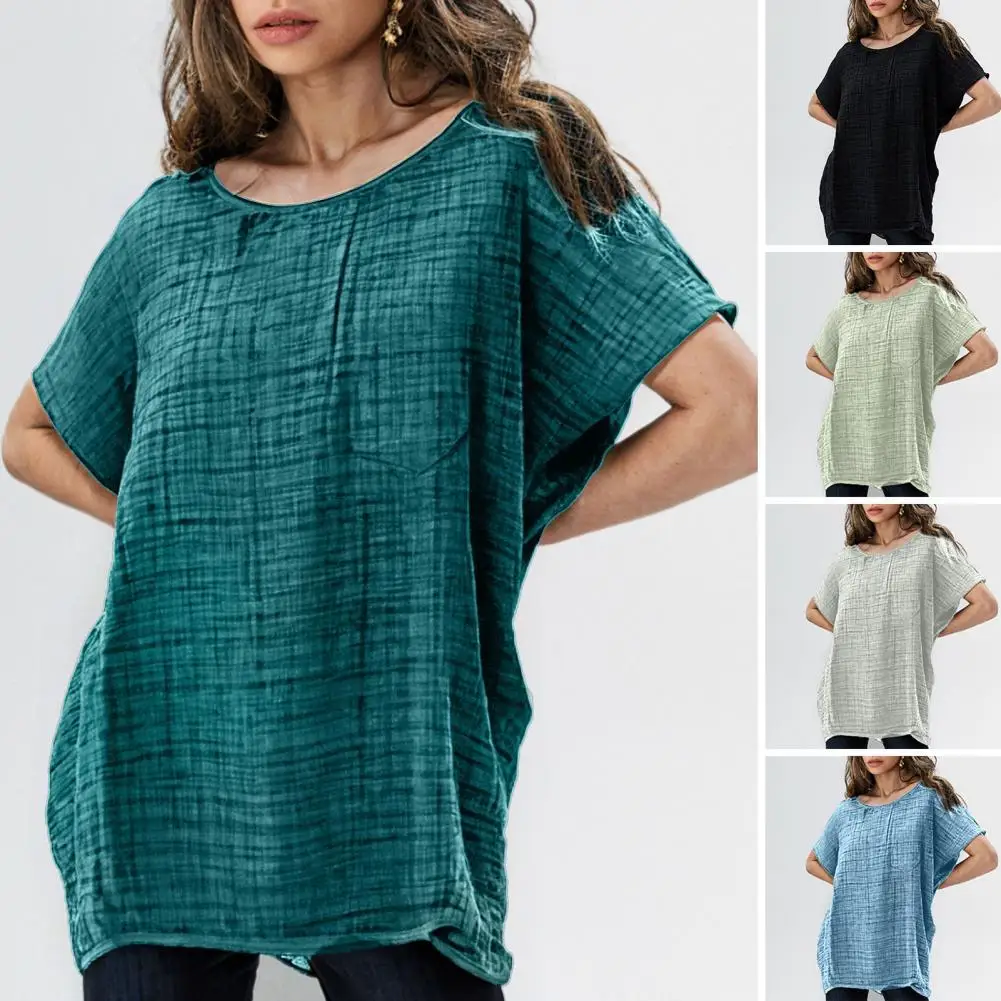 Cotton Linen Blouse Shirts Summer O-Neck Three Quarter Loose Casual Linen Blouse Tops Summer Cothes For Women Streetwear