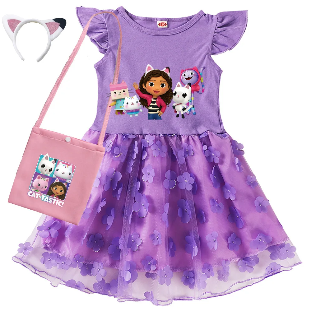 Vestidos Gabbys Dollhouse Clothes Kids Cartoon Gabby Chat Dress Baby Girls Summer Short Sleeve Casual Dresses and Bag & Headband