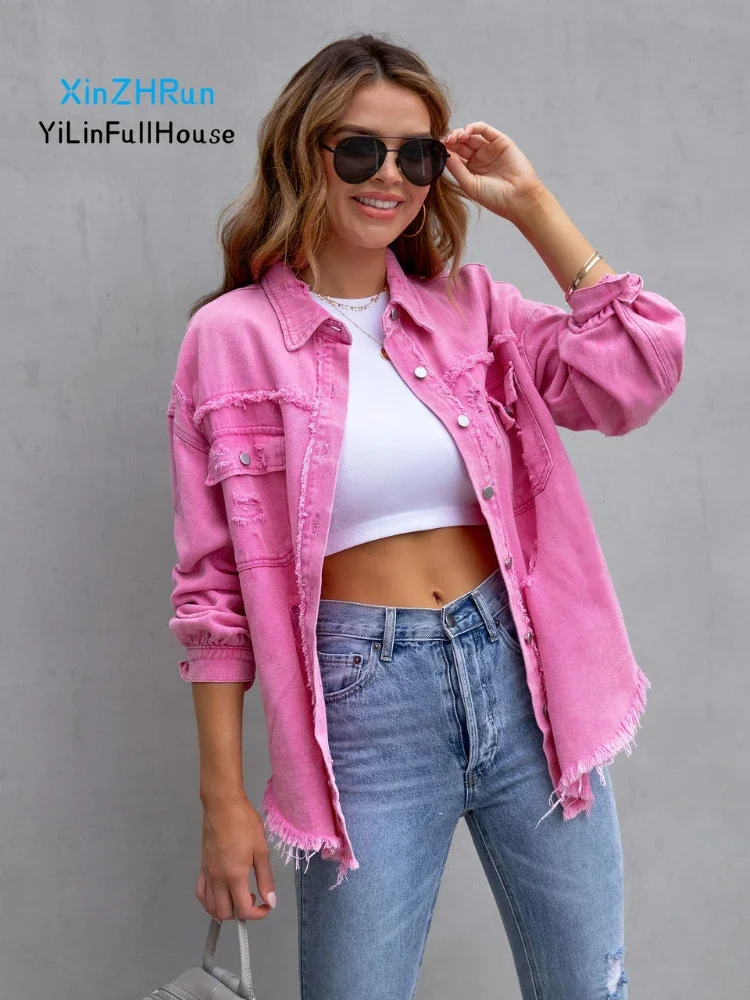 

New Women's Single Breasted Mid Length Denim Jacket Worn Holes on The Edges Autumn Winter Long Sleeved Loose Casual Shirt Coats