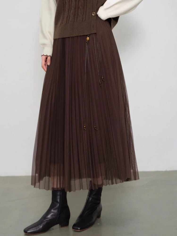 

ALXNAN коричневая юбка, осенняя многослойная шифоновая плиссированная юбка в стиле ретро с высокой талией, новая модная женская одежда для поездок на работу L58980