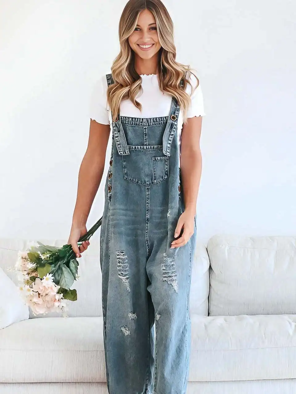 Macacão jeans de perna larga feminino vintage desbotado buraco cintura alta calças de perna reta casual faion primavera verão outono