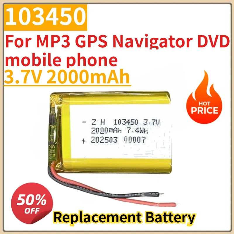 

New 3.7V 2000mAh Lipo polymer lithium rechargeable battery 103450 for MP3 GPS Navigator DVD mobile phone