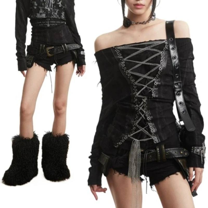 

Deeptown Gothic Y2k Women T-shirts Grunge Black Off Shoulder Graphic T-shirts Sexy Punk Style Aesthetic Lace Up Long Sleeve Tops