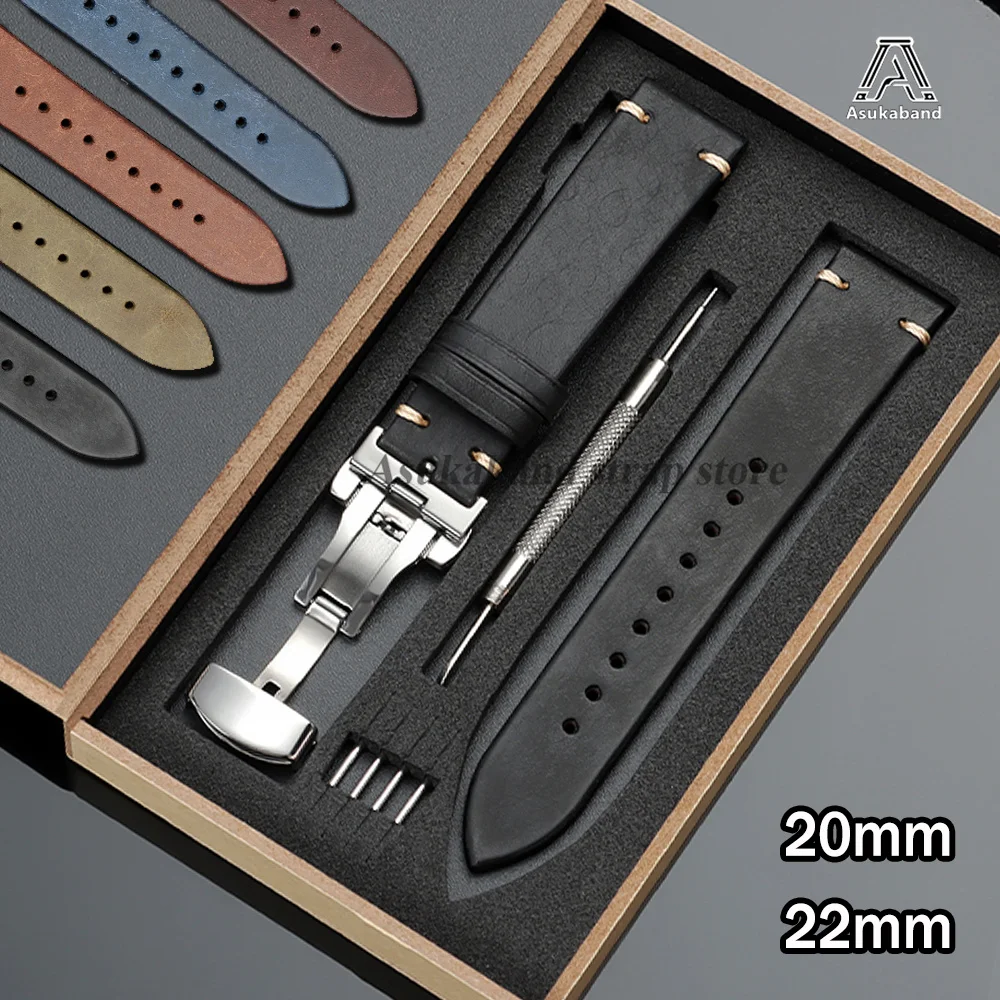 20mm 22mm Genuine Leather Strap Watch Band Butterfly Buckle Bracelet with Wooden Box First Layer Cowhide Wrist Band Accessories