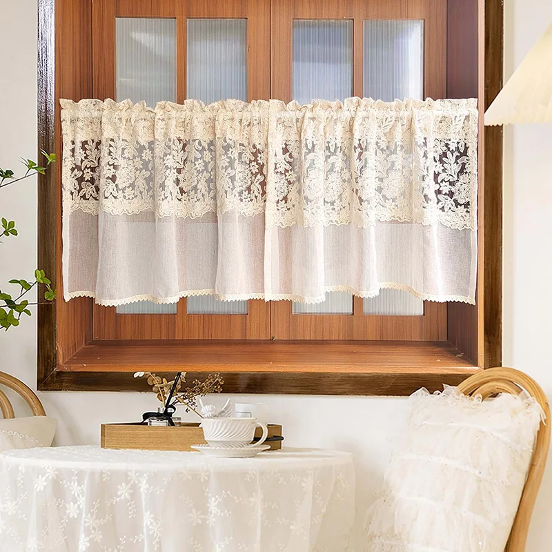 1 Stück europäische romantische Blumenstickerei kurzer transparenter Vorhang beige Retro-Spitzenvorhang für Wohnzimmer Schlafzimmer Küchenschrank