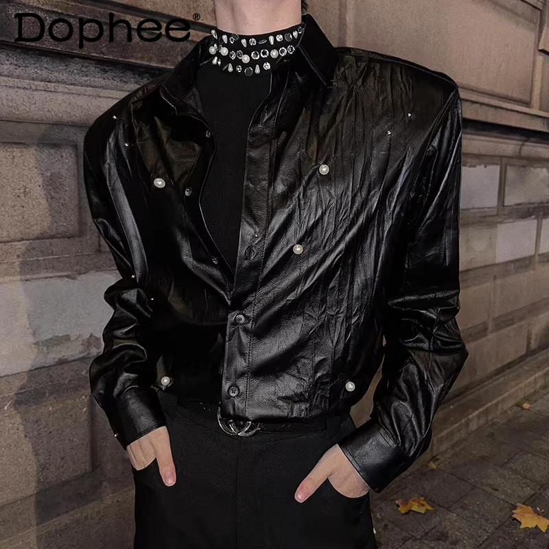 

Men's Trendy Solid Color Faux Leather Shirts 2026 Spring New Loose Comfort Long Sleeve Shirts Masculinity Glossy Handsome Tops