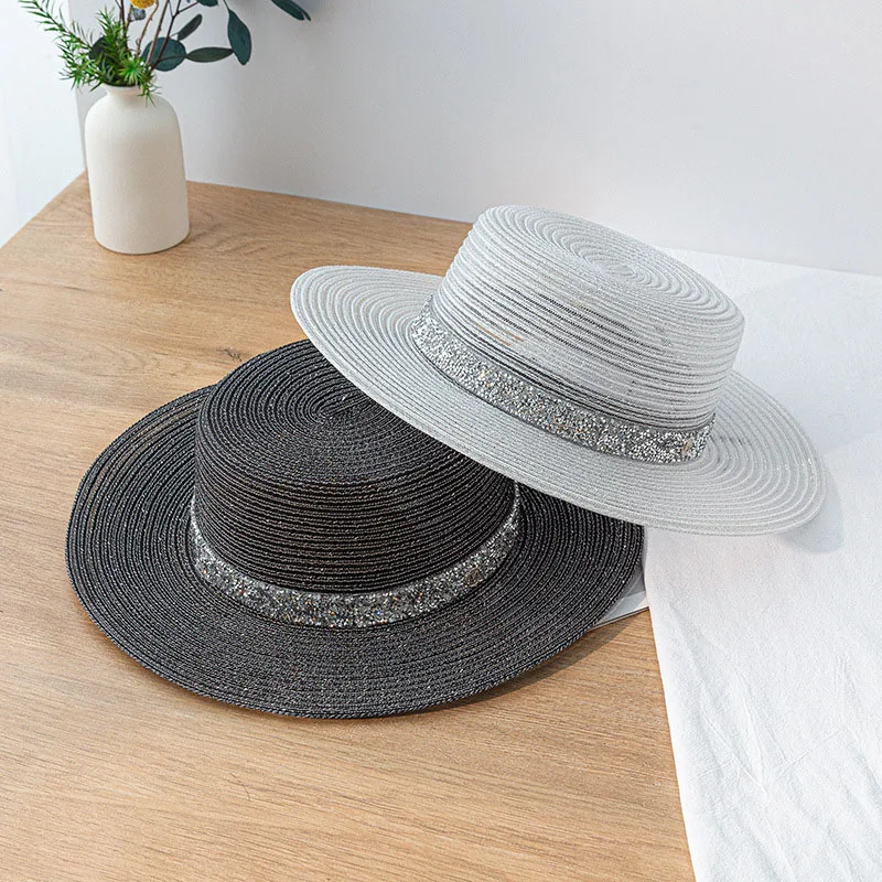 MAXSITI U  flat brim summer travel sunscreen Sun Hat Women versatile silver straw hat flat top hat bright silk Hepburn Beach Hat