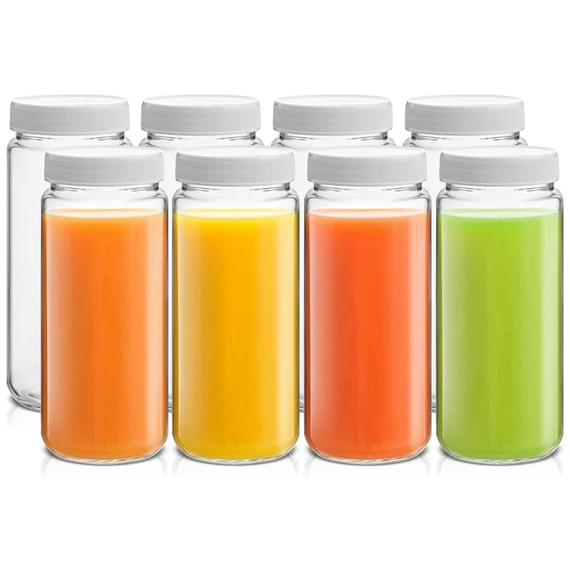 

8PCS Reusable Bottles 16Oz Glass Bottles Beverage Bottle With Cap With Lids And Jars Transparent Color