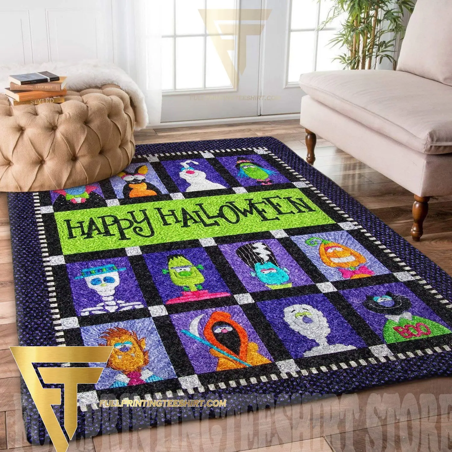 Living Room Rug Giant Pumpkin Haunted Mansion Printed Large Rectangular Carpet Full Moon for Armchair Study Desk Floor