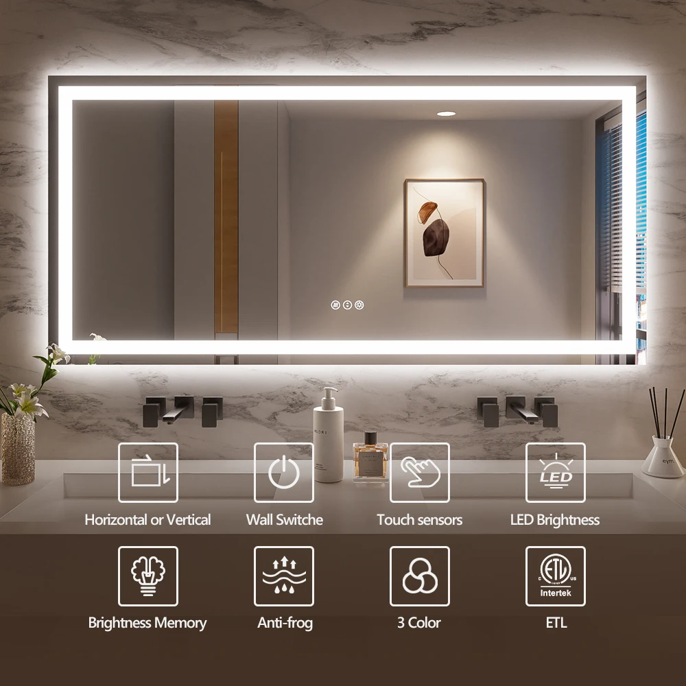 Rizzon 60x36 Inches Smart Anti-Fog LED Bath Mirror with Backlight and Front Light, 3-Color and Dimmable, Brightness Memory