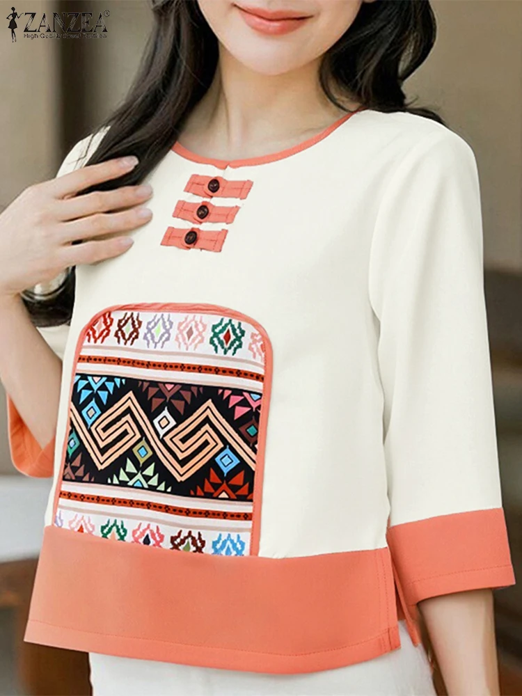 ZANZEA Women Summer Fashion 2025 Vintage Printed Blouse Shirts Half Sleeve Casual Loose Tops Tunic Buttons Loose Oversize Blusas