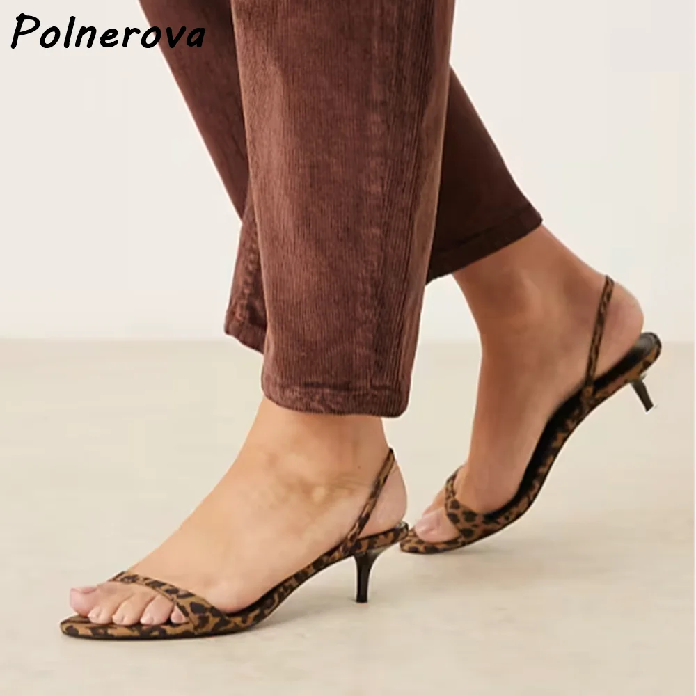 Leopard Print Slingback Kitten Heel Sandals Open Toe Thin Strap Low Heel Straight Strap Mules Shoes Elegant Summer Office Shoes