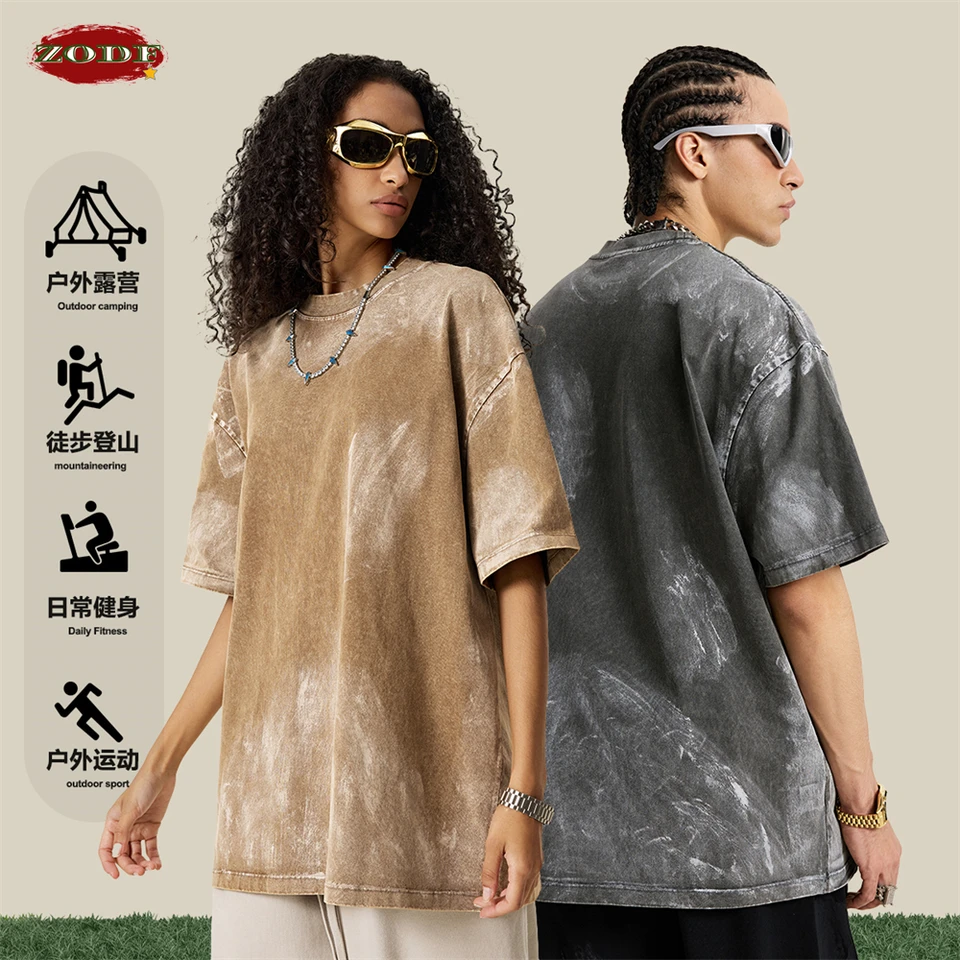 ZODF Vintage Summer Men Washed 270gsm Cotton T-shirt Unisex High